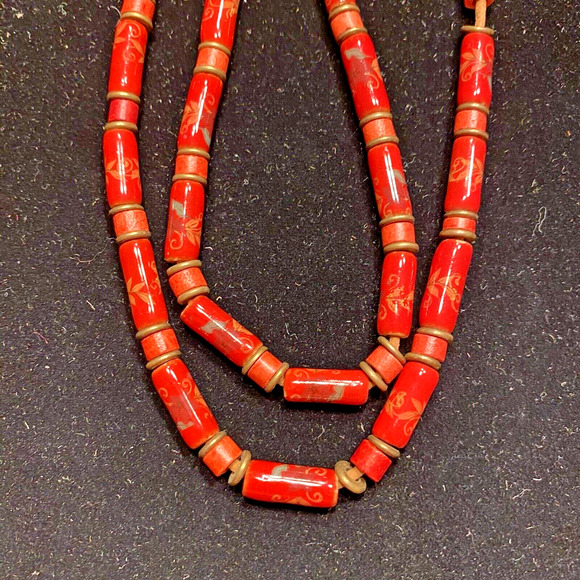Mod Burnt Orange Beaded Necklace Stone Beads Boho Organic Single Loop Artisan - Picture 3 of 6